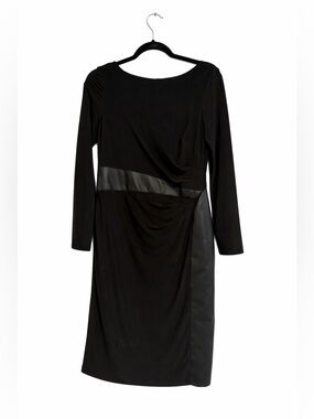 Ralph Lauren Black Long-Sleeve Draped Dress with Faux-Leather Trim